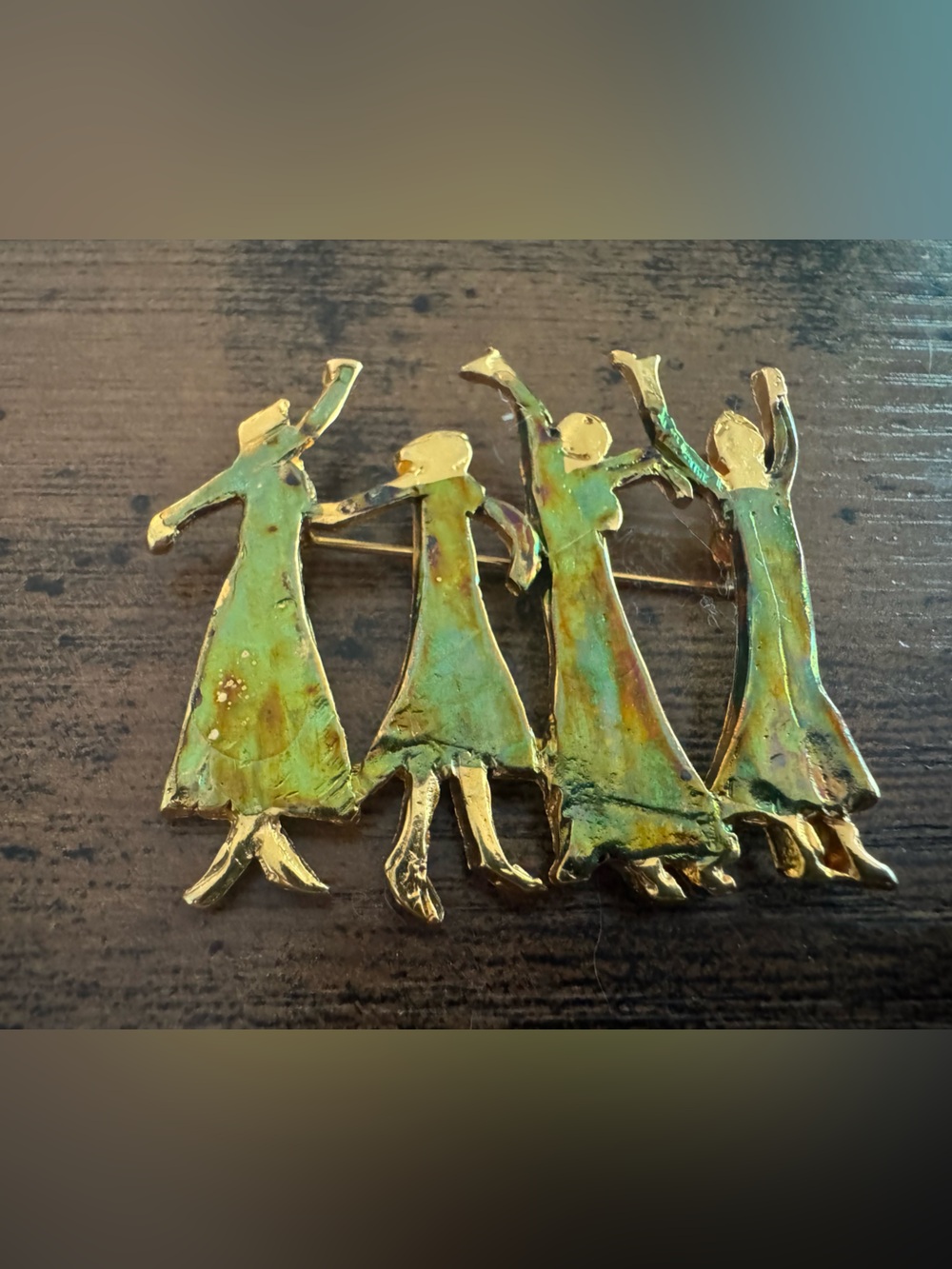 VTG Green and Gold Dancing Women Brooch Elegant Figural Modernist Pin Unsigned